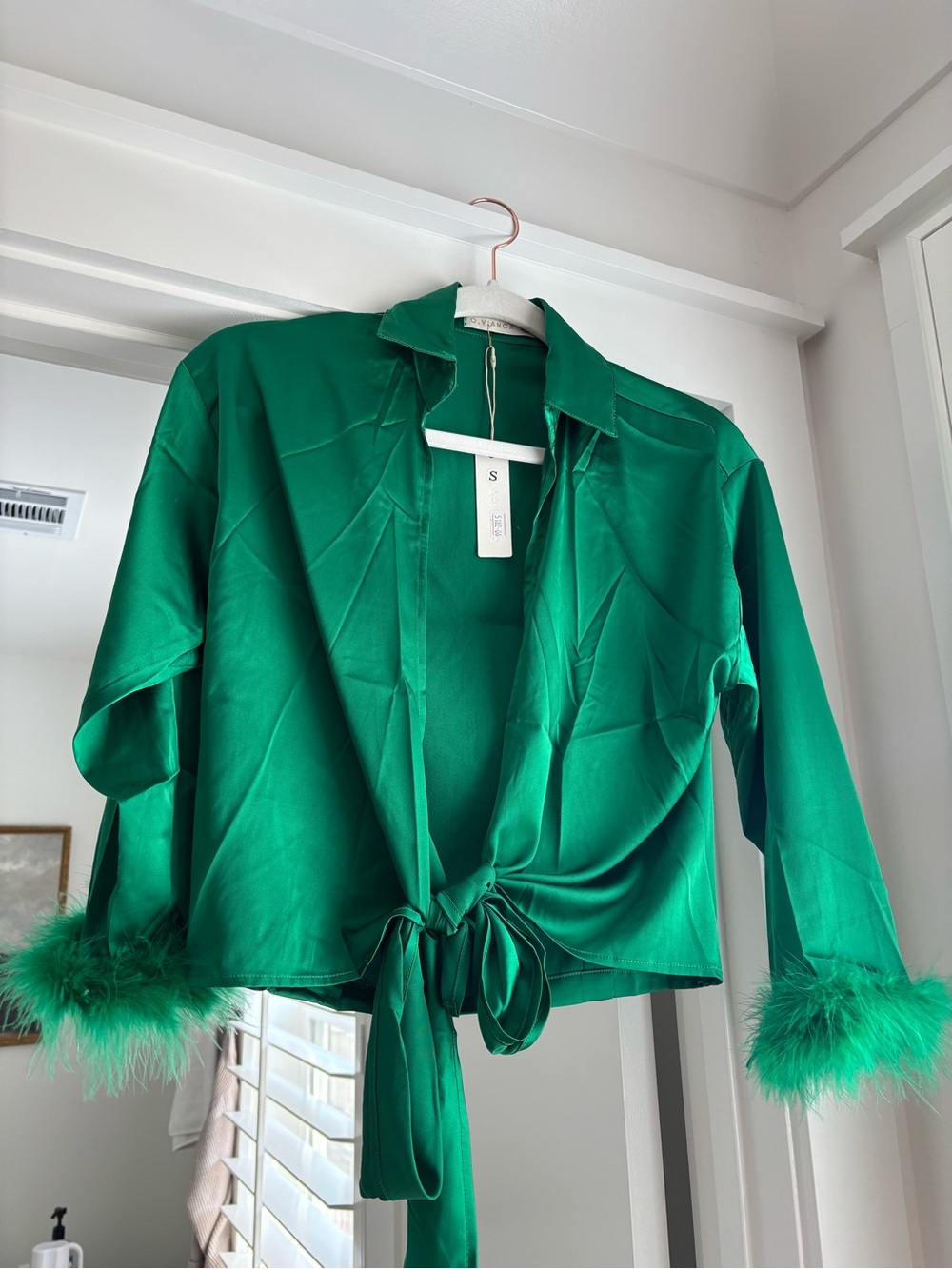 Emerald Green Feather Cuff Satin Tie-Front Top